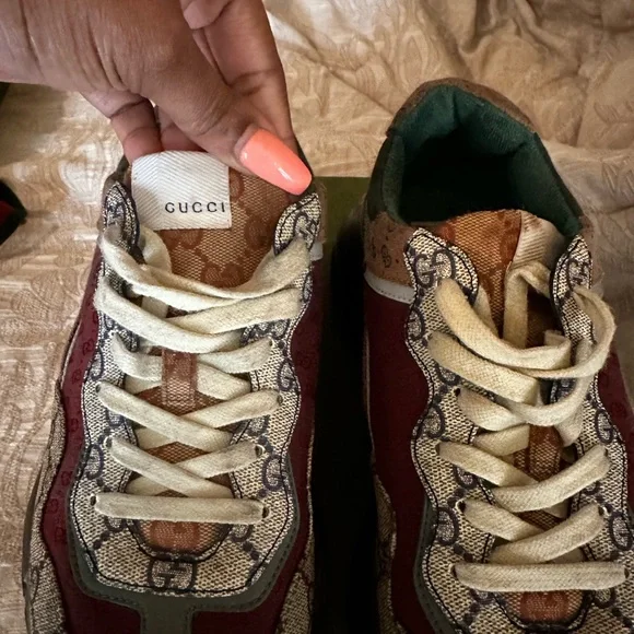 Gucci Burgundy and Green Monogram Sneakers